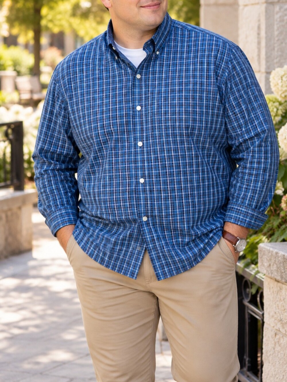 Eddie Bauer Men’s Plus Size Blue Plaid Cotton Button Down Shirt Outdoor Preppy